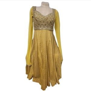 DESIGNER Beaded Swarovski Yellow Empire Anarkali Indian Silk Manav Gangwani